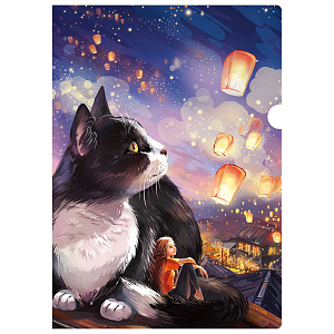 папка-уголок а4 кот с фонариками  ассорти, голограф.печать, уф печать, 63120 /фен